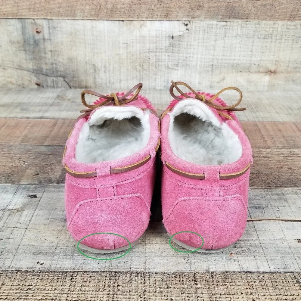 Minnetonka Pink Faux Fur Women Sz 8 Lined Suede Flats Moccasin Slippers Shoes - Picture 5 of 9